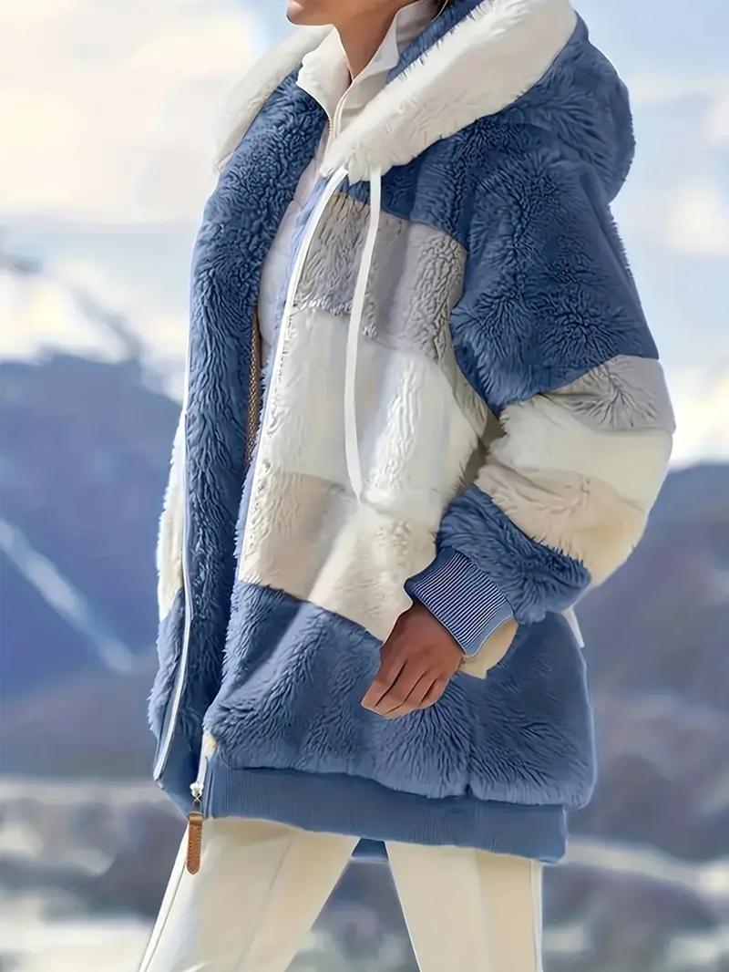 Product Introduction of Women's Color Block Fuzzy Coat - Casual Hooded Zip-Up Long Sleeve Outerwear with Adjustable Drawstring, Warm and Stylish Womenswear Jacket for Daily, Outdoor, or Travel Wear Tops 6