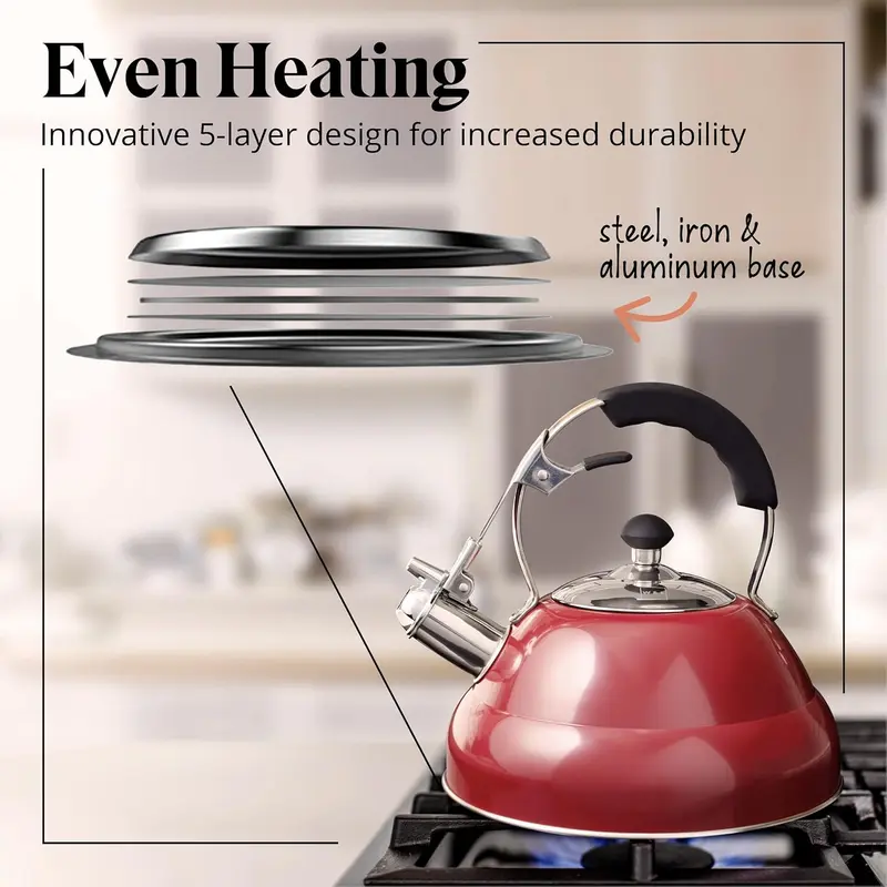 Willow & Everett Stainless Steel Whistling Tea Kettle 3L Induction & Gas Stove with free Loose Leaf Tea Strainer Drinkware Jugs Aluminium Retro Silicone 4