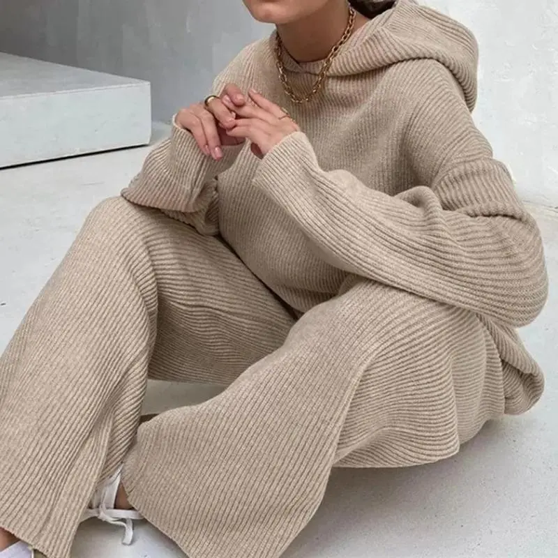 Autumn Two Piece Set Tracksuit Women Hooded Pullover Top Wide Leg Pants Knitted Sweat Suit Lounge Wear Outfits Clothing Womenswear Comfort Long Sleeve Basic Minimalist Winter
