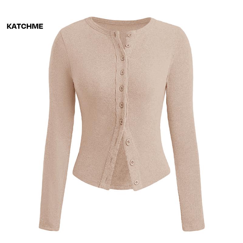 KatchMe Women's Versatile Solid Color Knit Button-Up Long Sleeve Slim Top,Lady Slim-Fitting Top for Daily Holiday Wear,Fall & Winter Crewneck Knitwear 6