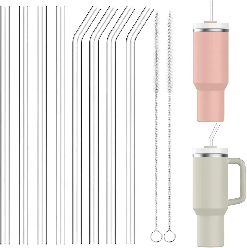 Replacement Glass Straws for Stanley Cup 40oz, 8Pcs 31cm Long Diameter 1cm Borosilicate Glass Straws Set with 2Pcs Cleaning Brush, Extra Long Straws Compatible with Stanley 30/40oz Adventure Tumbler Drinkware Mug 0