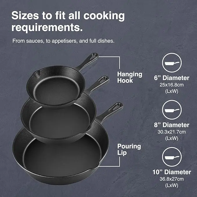 3 Piece Black Cast Iron Skillet Set- 3 sizes - 6",8",10" Cookware Pans 2