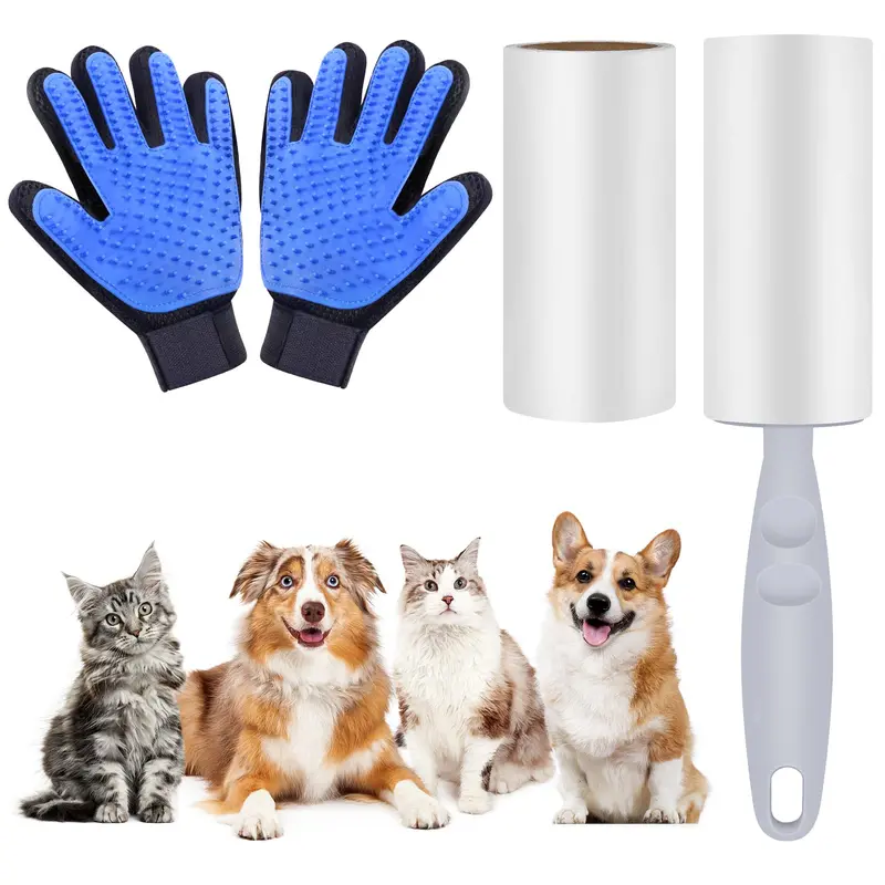 Pet Dog Cat Grooming Glove and Lint Roller, 2Pack Pet Hair Remover with Longer Tips, Deshedding Brush Glove for Cats & Dogs with Long & Short Fur - (Left & Right) 8