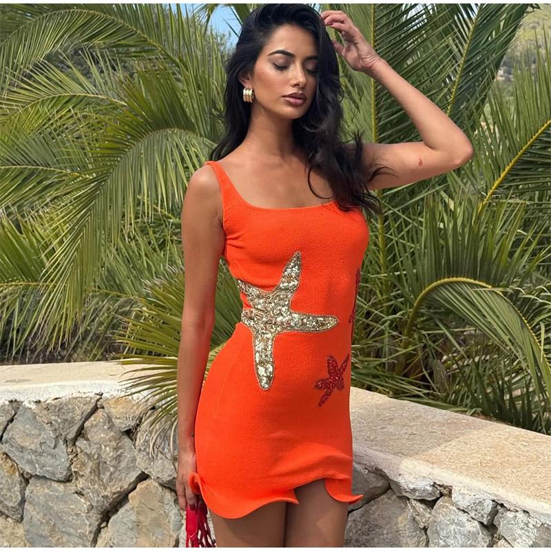 Product Introduction of 2025 Stunning Shiny Stars Ruffles Hem Knitted Mini Dress Women's Chic Slim Fit Sleeveless Sling Vestidos Lady Street Gowns New 11