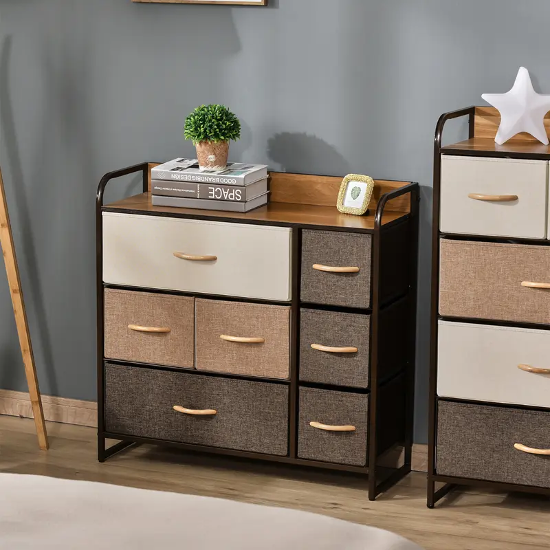 7-Drawer Dresser, Fabric Chest of Drawers, 3-Tier Storage Organizer for Bedroom Hallway Entryway, Tower Unit with Steel Frame Wooden Top 0