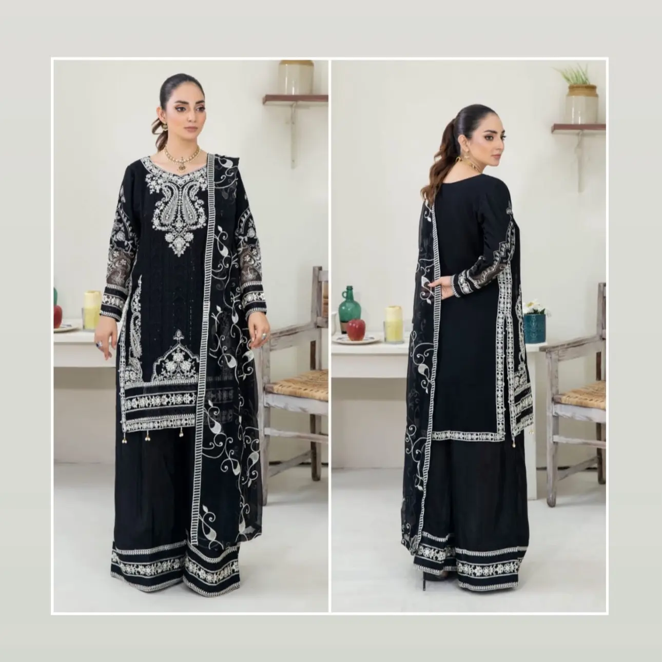 Beautiful Party Wear Chiffon Fabric Embroidered 3pc Suit With Chiffon Embroidered Dupatta & Plazoo Formal