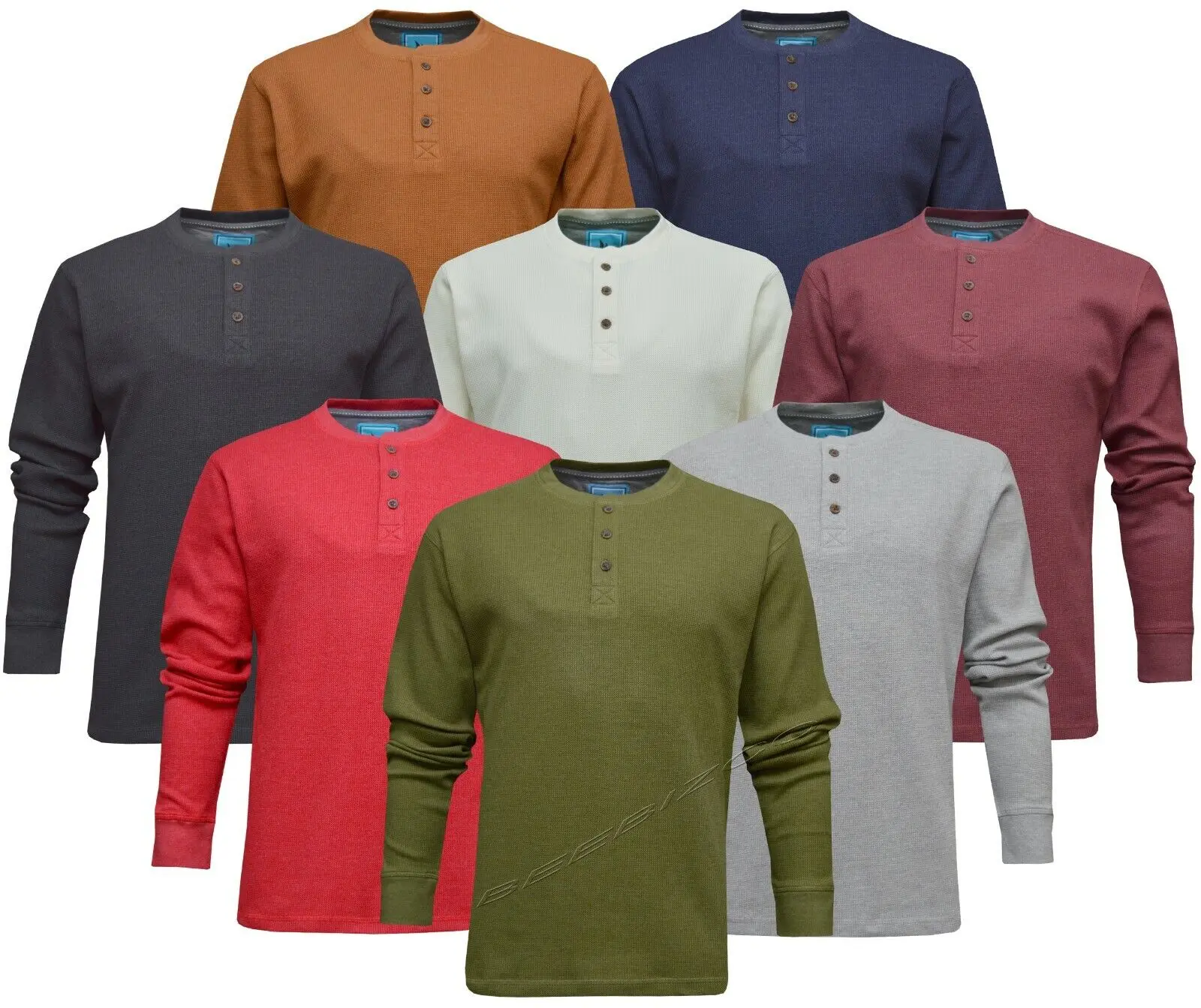 Beebizco Mens Henley Jumper Top Plain Grandad Neck Waffle Knit Long Sleeve T-shirt M-3XL