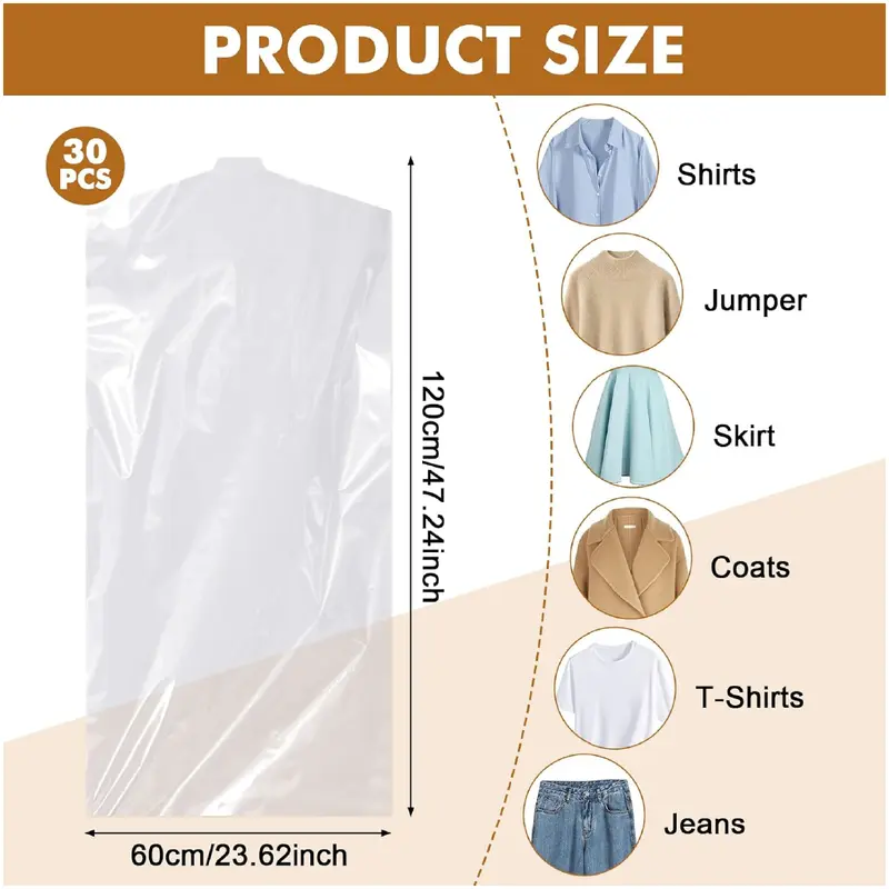 30 Pack Plastic Clothes Covers, 60 * 120cm Clear Clothes Bags Hanging, Dry Cleaning Bags, Garment Bags, Dust-proof Garment Protector Covers for Clothes Shirt Jacket Suit Sweater (Transparent) 1