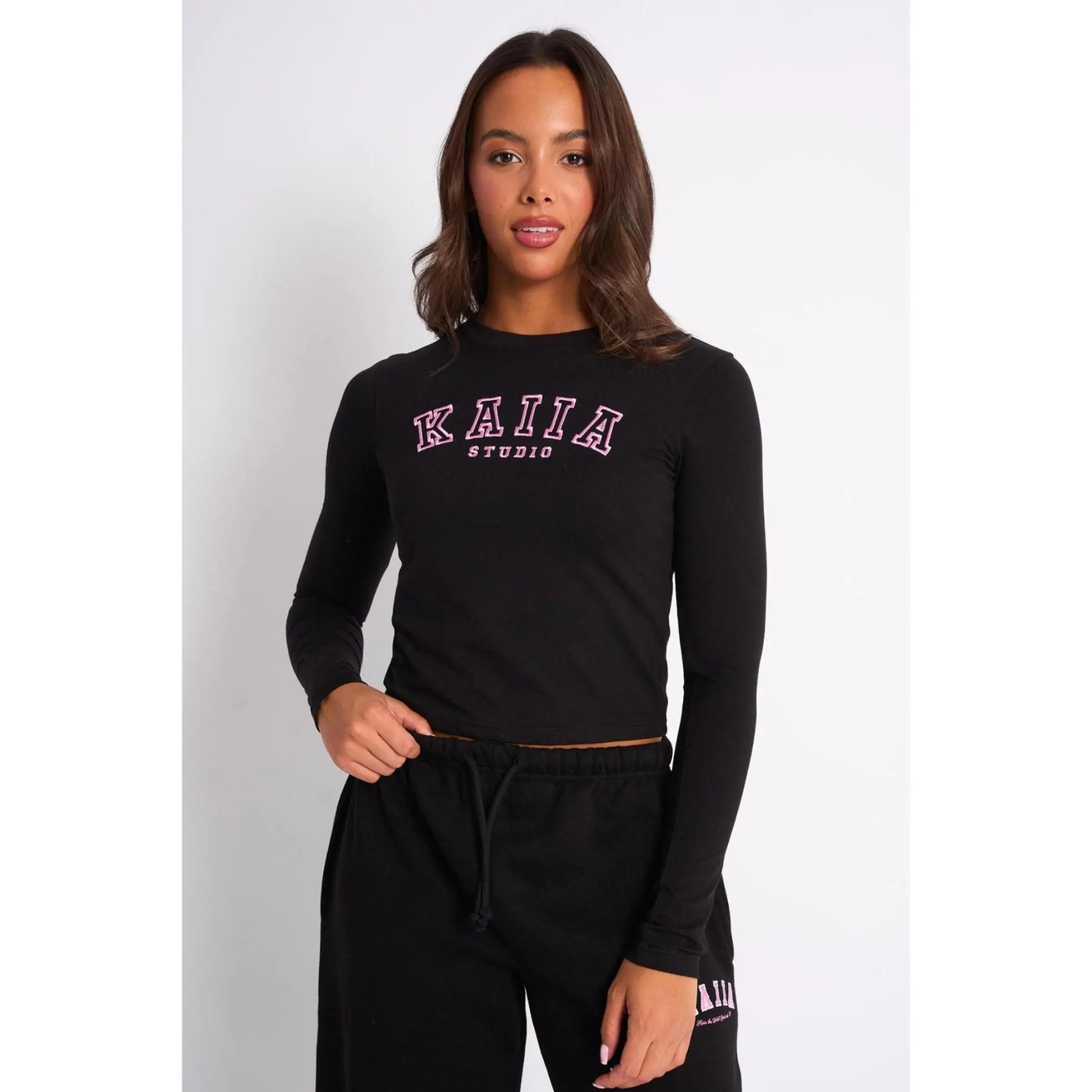 Kaiia Logo Long Sleeve Baby Tee Black & Pink