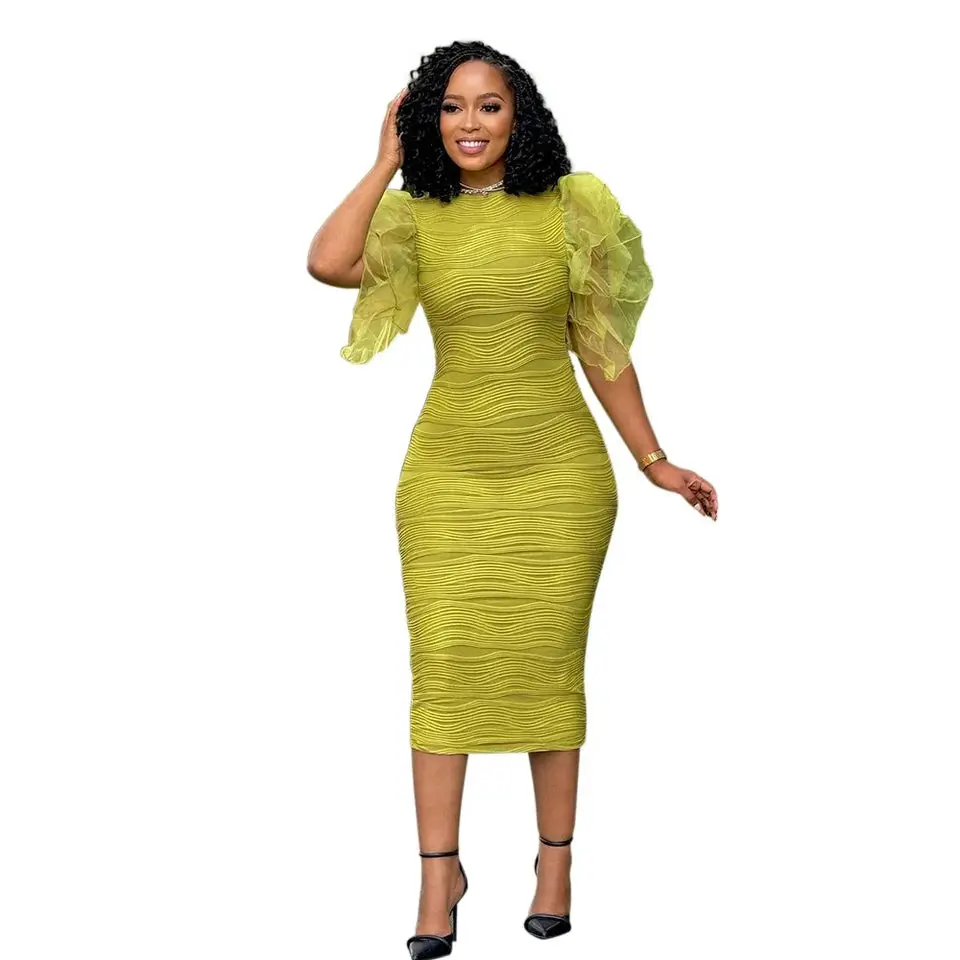 Ruffle Short Sleeve O-neck Striped Knee Length Dress Street Vestidos Sexy Night Club Party Evening Chic Dresses Formal Womenswear Polyester Basic Green