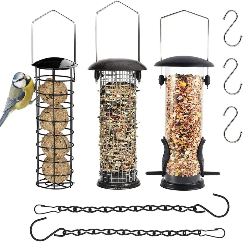 Bird Feeders Hanging,Wild Birds Feeders Mesh Feeding Stations with Steel Hooks Hangers, Metal Bird Feeder for Garden, Hanging bird feeder set + BONUS 3pcs Hooks and 2pcs Hanging Chain（Set of 8） 0