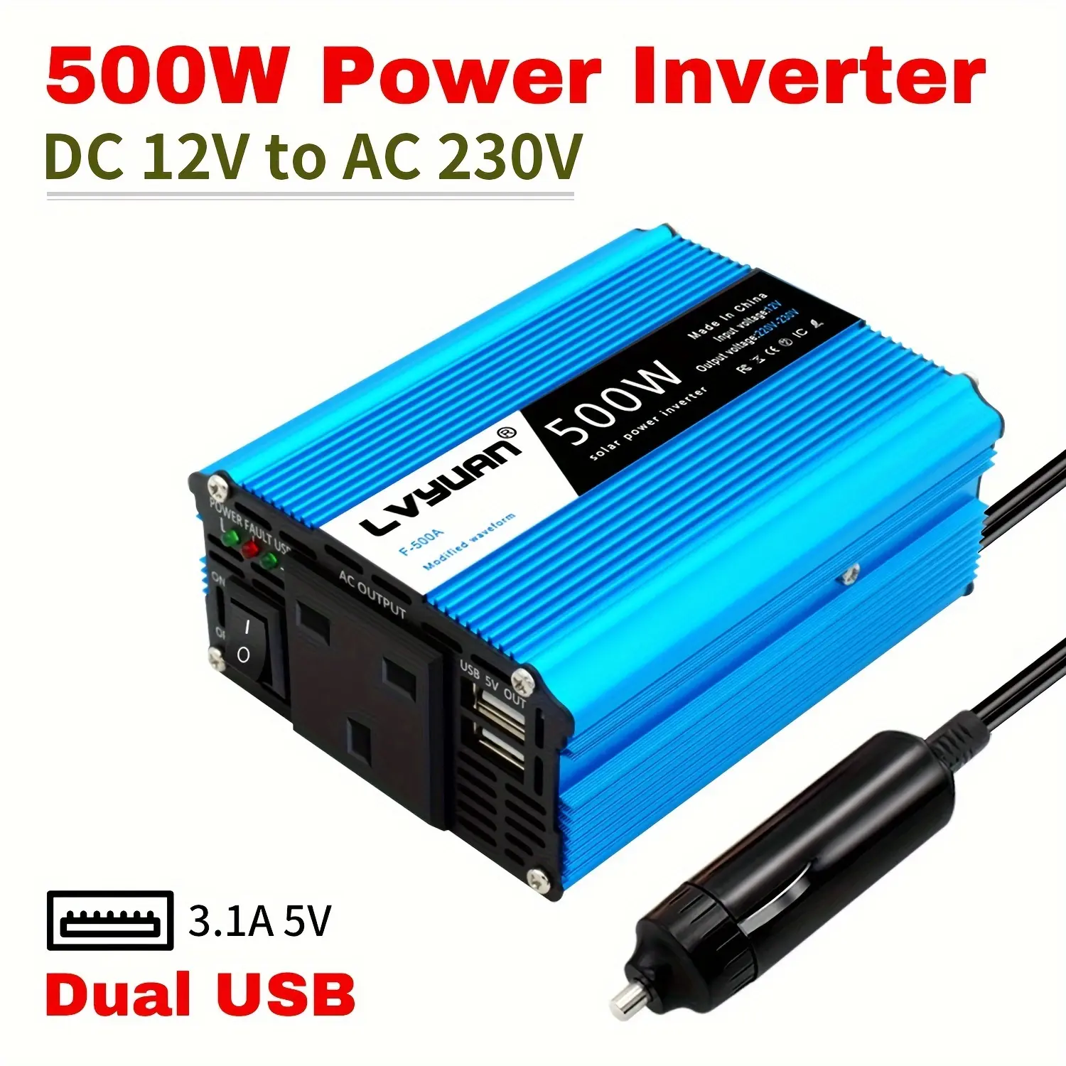 500W Car Power Inverter DC 12V To AC 230V 240V Transformer Car Charger Lighter Adapter With 3 Pin Plug And Dual USB Ports