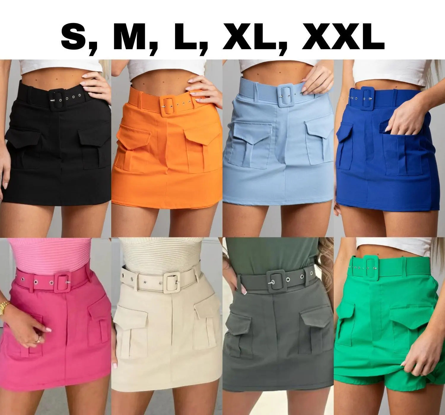 Women's Ladies High Waisted Belted Cargo Pockets Skirt Summer Party Shorts Skirt Fabric Matching