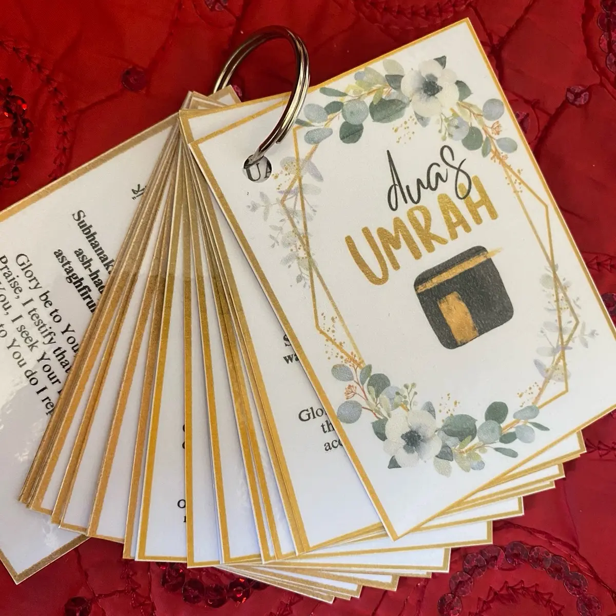 Umrah Dua and Surah cards in keyring pocket size laminated cards for Islamic pilgrimage gift