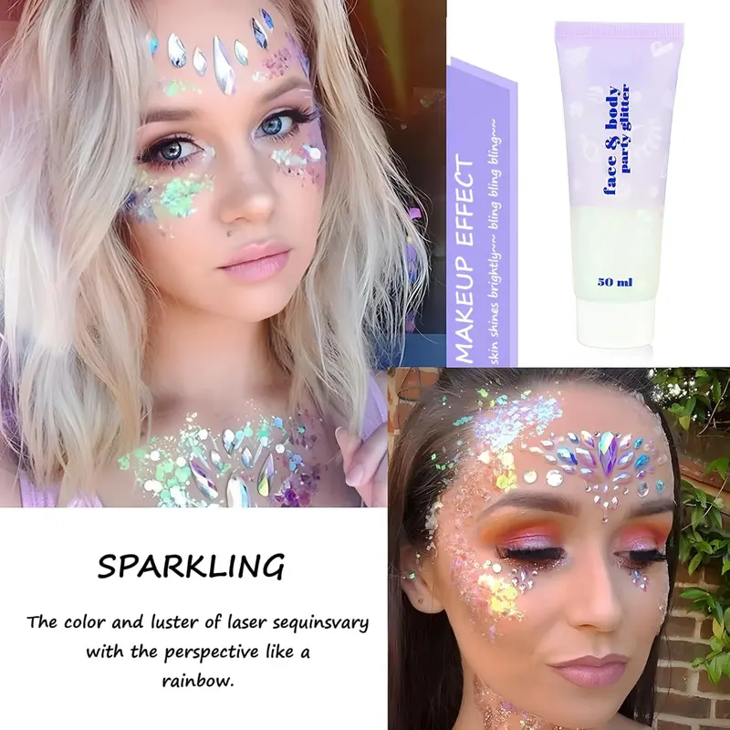 Body Glitter Gel, 50ML Face Glitters Body Gel Sequins Shimmer Liquid Eyeshadow, Mermaid Sequins Liquid Holographic Glitter Gel, Chunky Glitter for Face Hair Nails (White) Makeup Cosmetic 1