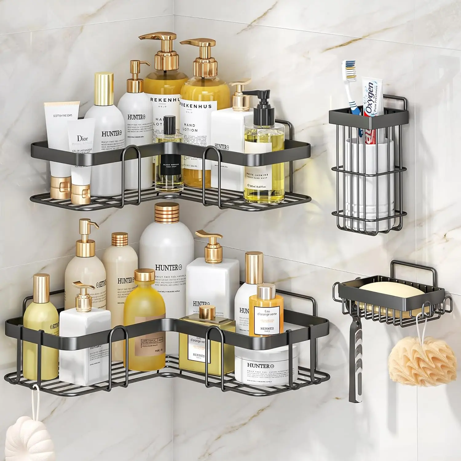 Corner Shower Caddy, Bathroom Storage Shelf with 4 Hooks, No Drilling, Adhesive Bathroom Shower Shelf with Soap Holder & Toothbrush Holder, Bathroom Accessory - 4 Pack (Matte Black) Organiser Rack