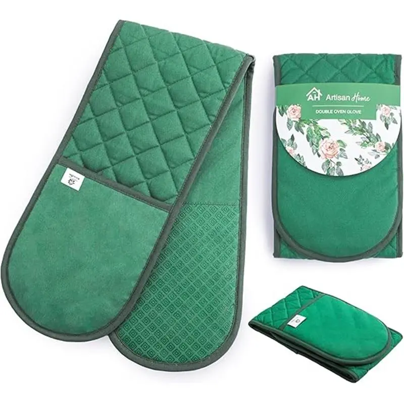 Green Double Oven Gloves | Maximum Heat Resistant Protection | Double Oven Mitt With Silicone Non-slip Design | Machine Washable Thick Oven Glove Home & Kitchen Accessories. Bakeware Cover 6