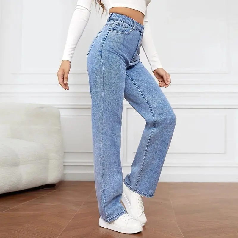 Women Jeans Straight Pants Denim Washing High Waist Loose Fit Pockets Basics Ankle Length Pants Solid Color Slight Strech 2