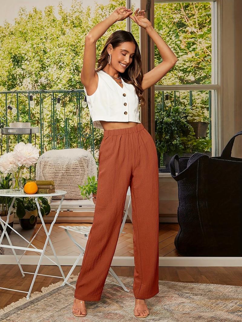 Product Introduction of Elegant Women's Navy Blue Straight-Leg Pants - High-Waisted, Textured Fabric with Elastic Waistband, Machine Washable, All-Season Comfort 7