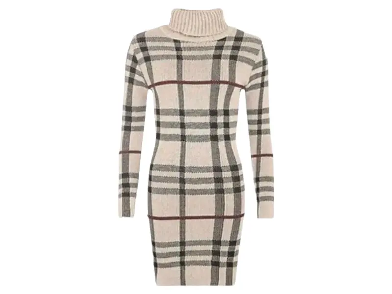 New Womens Polo Neck Tartan Knitted Midi Ladies Long Sleeve Bodycon Jumper Dress 3