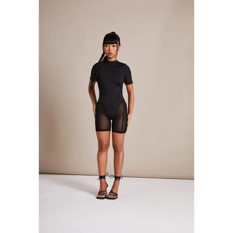 Black High Neck Mesh Panelled Unitard Playsuit 2