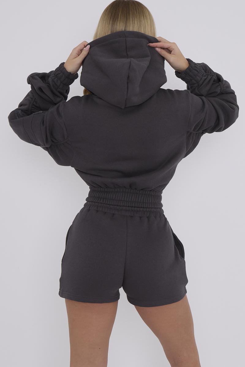 Product Introduction of Ladies Cropped Hoodie Shorts Set Women's Long Sleeve 2pcs Loungewear Casual Comfort Fashion Fit Womenswear Adjustable Pajamas Pockets Polyester Ruched Nightwear Stretchy Underwear Style Basic Longsleeves Suit Lady Soft Minimalist 4