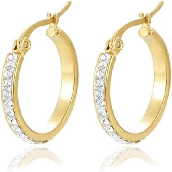 9CT Yellow Gold Plated Round Hoop Earrings With White Crystal for Women and Girls(20MM)