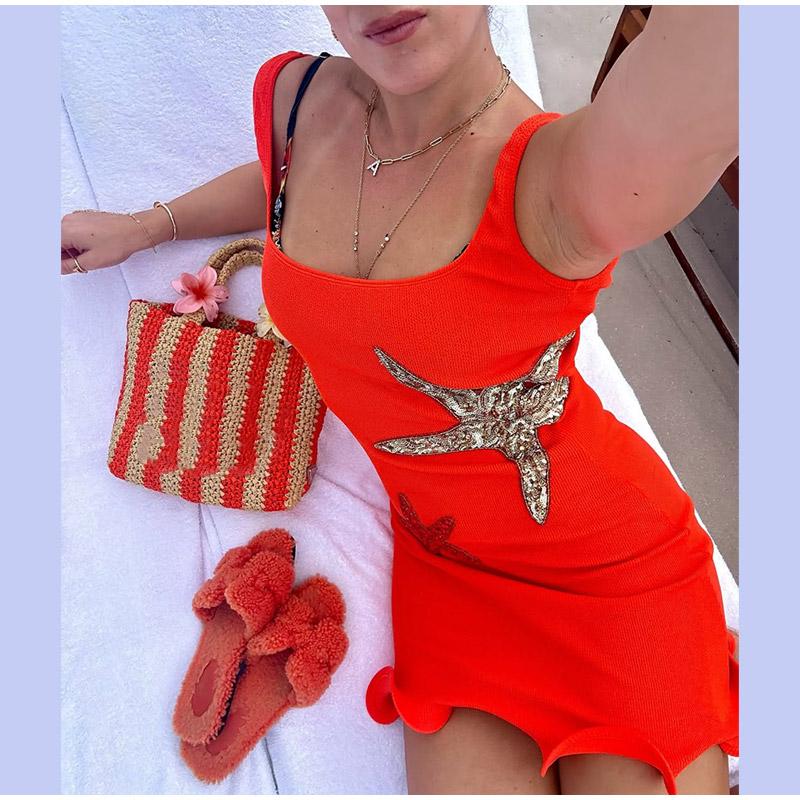 Product Introduction of 2025 Stunning Shiny Stars Ruffles Hem Knitted Mini Dress Women's Chic Slim Fit Sleeveless Sling Vestidos Lady Street Gowns New 12