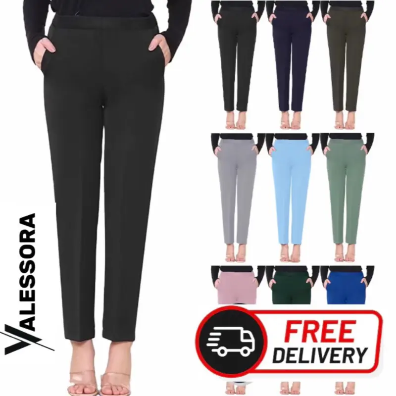 Ladies' Elasticated Half Waist Office Trousers Pants with 2 Pockets, UK 8-24 - Womenswear, Bottom