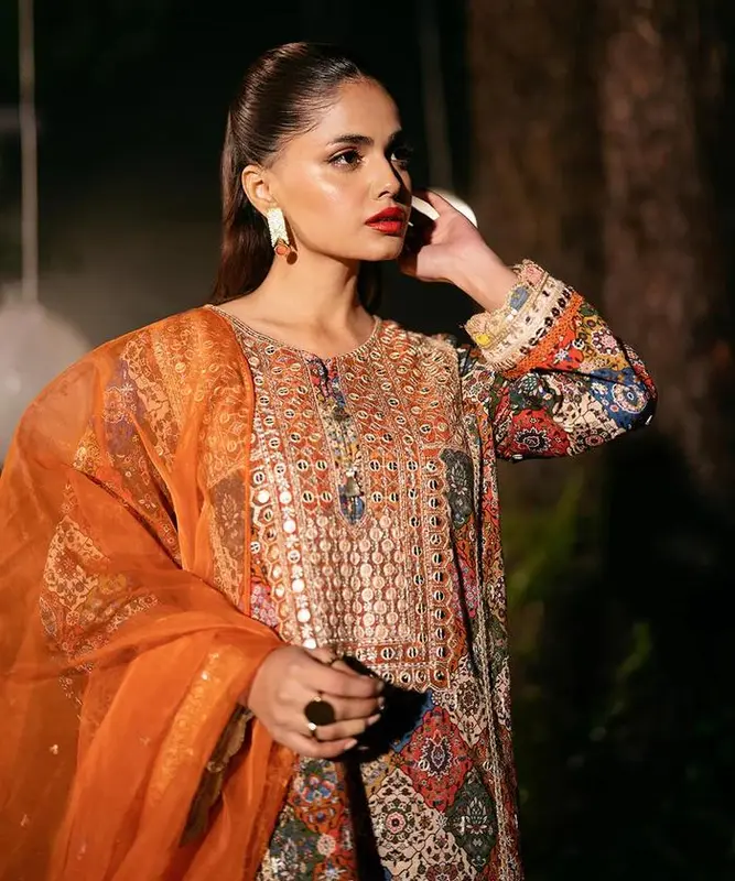 SAPPHIRE ORIGINAL slub Khaddar Shirt & Farshi Plazo Set - Multicoloured Tilla & Sequin Embroidery - Casual, Fit 1