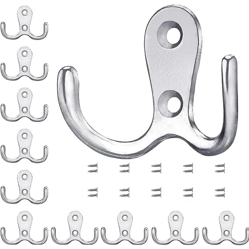 10 Pcs Double Coat Hooks Heavy Duty Metal Door Hooks with Screws Organiser, Hangers, Mount Wall Wooden Hangable