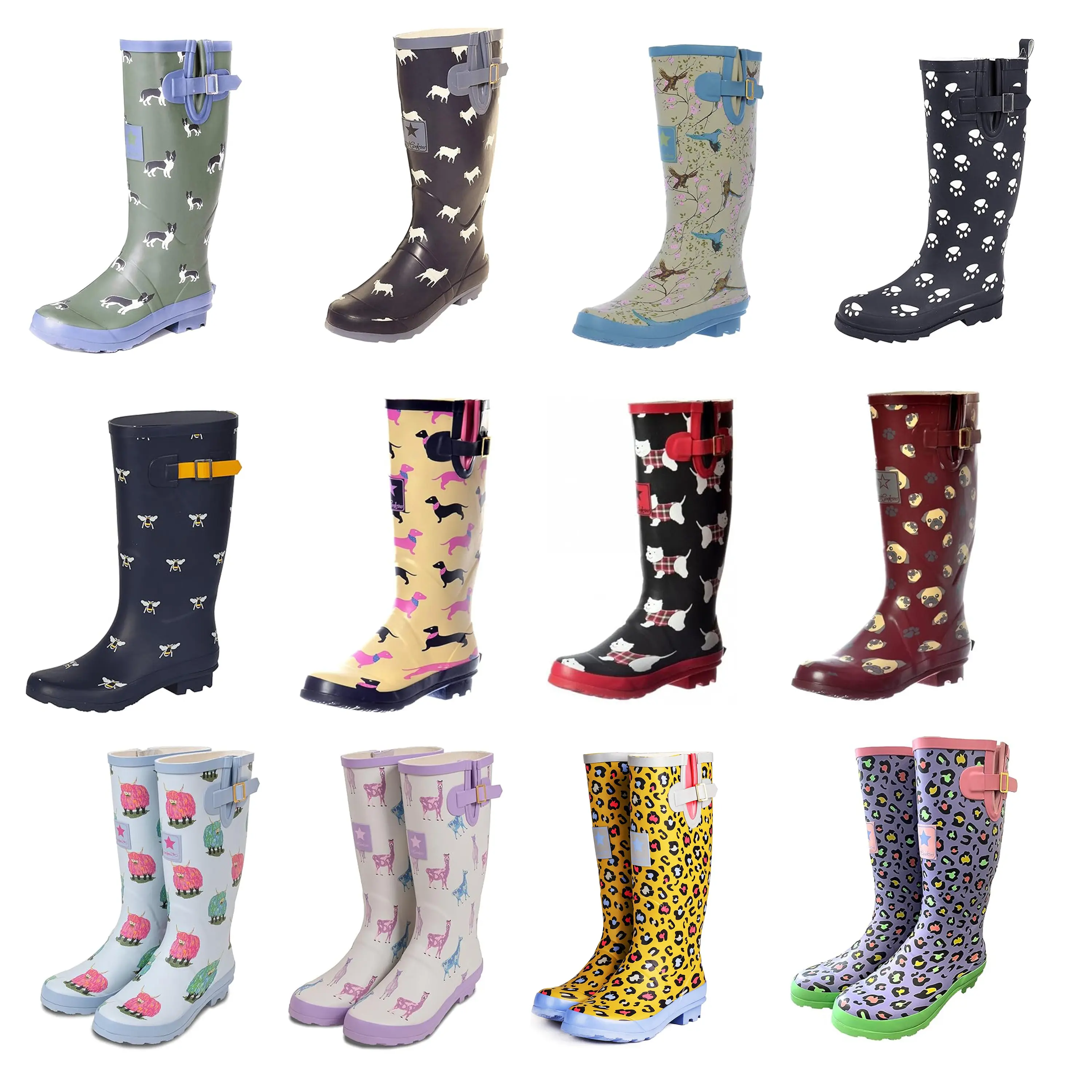 Women's Funky Flat Animal Pet Wellie Wellington Festival Rain Boots Dog Walking Flat Waterproof Animals Alpaca Pug Girl Footwear Shoe Comfort Walking Shoes Comfortable Rubber