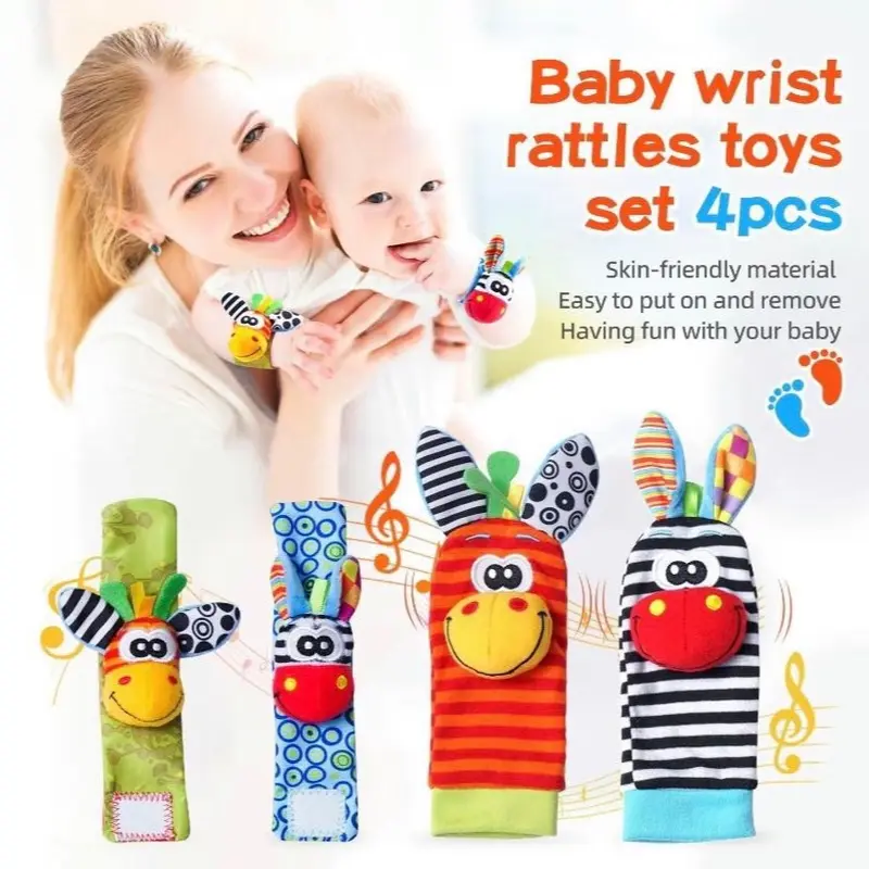 Mother’s Baby Rattles 4 in 1 Set for 0-12 Month, Sensory Breathable Fabric With Rattle, Lovely For Travel/Home Cute Hand and Foot Socks Rattle Toys, Cute Gift 2