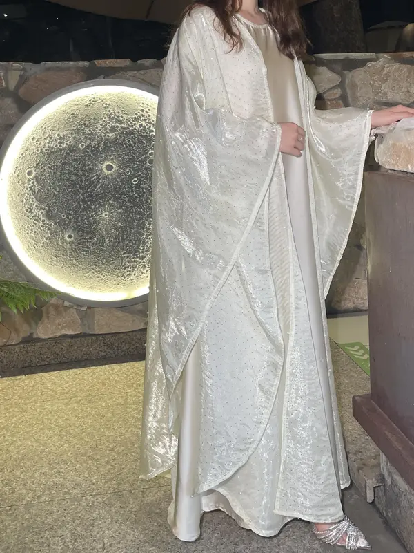 #LY02 Ramadan Promotion Shiny pearl organza abaya, two pieces set with satin inner dress classic abaya 1