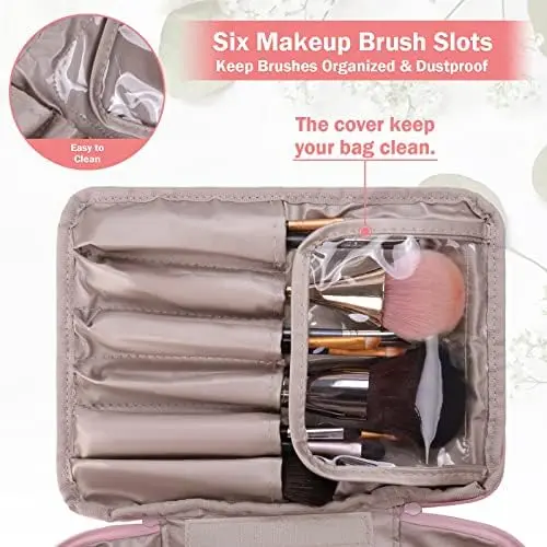Travel Makeup Bag [with Brushes Holder & Detachable Pouch] Cosmetic Bag Makeup Case Storage Organiser for Women & Girls (Pink) 4