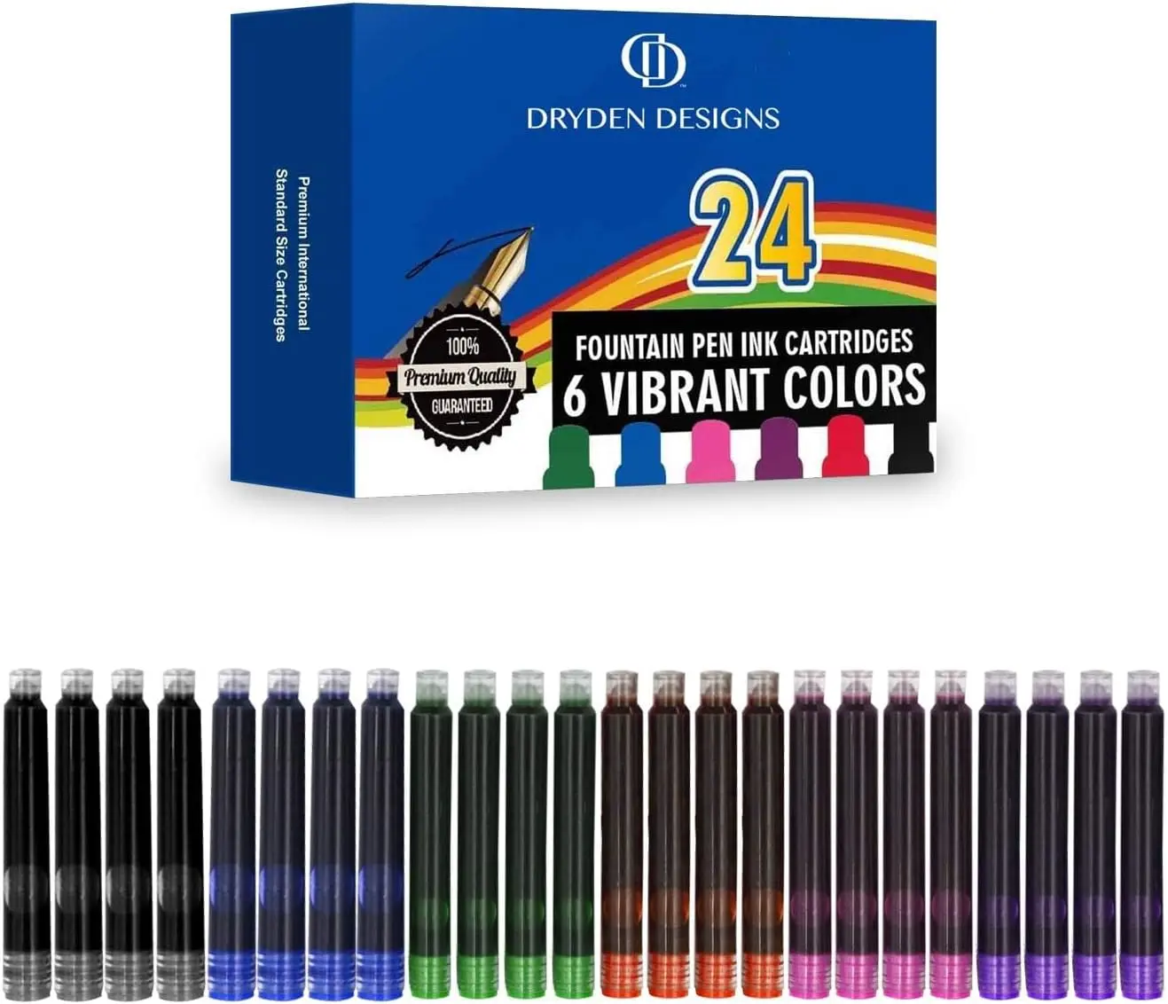 TRAHOO-Fountain Pen Ink Cartridges - Set of 24 Assorted Colors: Black, Blue, Green, Purple, Red, Pink - Short International Standard Size - Disposable and Generic Ink Refill Cartridges.