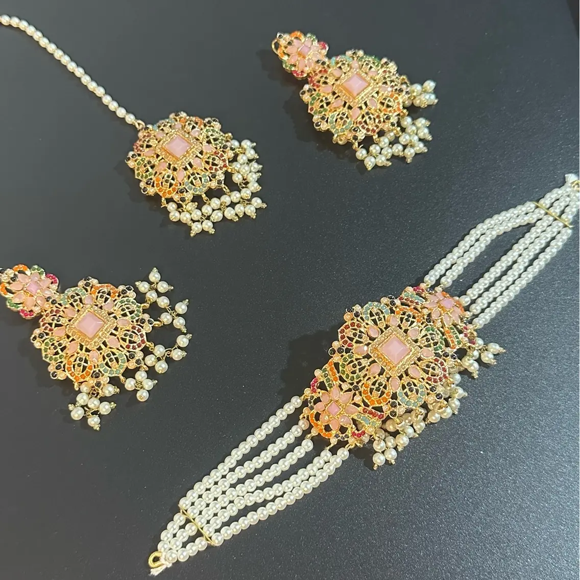 Women's Colorful Fancy Choker Set with Matching Earrings and Tikka - 3 Piece Set desi jewellery chunky necklace wedding jewelry | women’s golden necklace set |