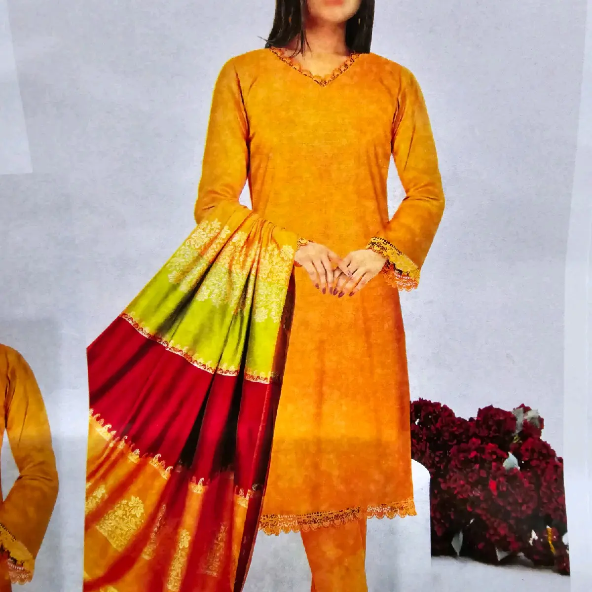 Peach Dhanak 3PC Unstitched Mustard
