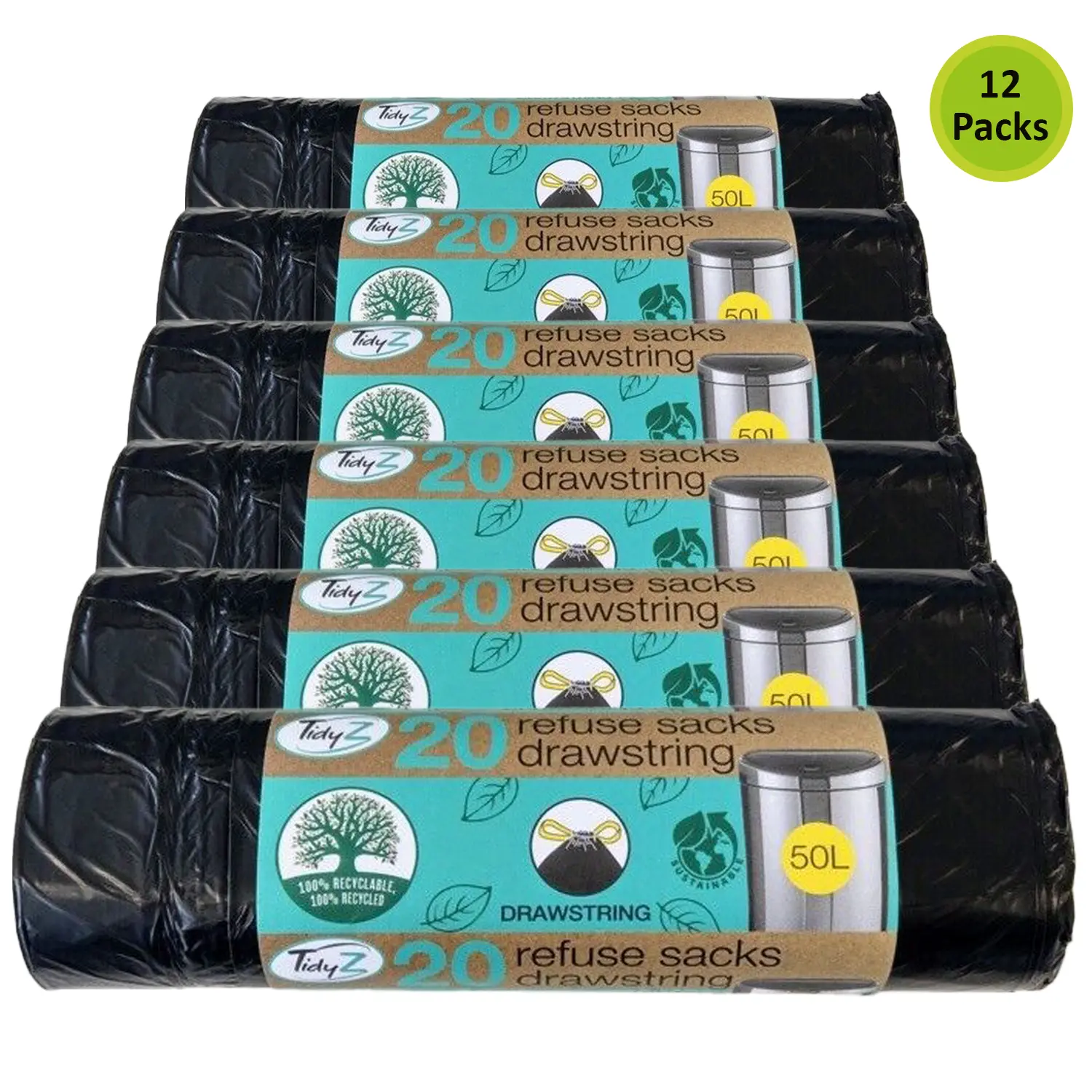 Tidyz Drawstring Refuse Trash Bin Garbage Bags Tie Handle Heavy Duty Strong 50L 20 Bags for Home Kitchen Office Garden Catering Tasteless Durable and Reliable