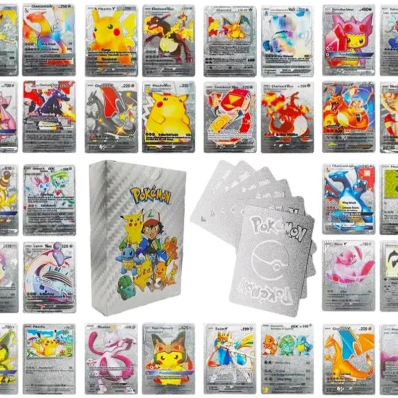 Pokemon Silver Foil Cards -  Pack Of 55 Pcs TCG Deck Gold Foil Assorted Card Educational Gift Set Boys Girls Multicoloured Musical Game 1
