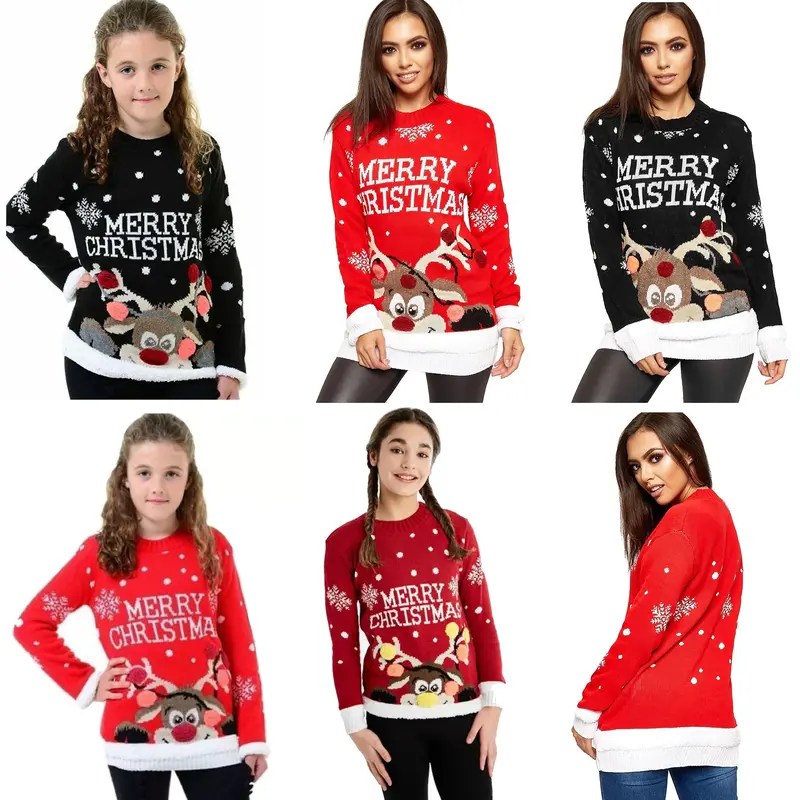 Womens Merry Christmas Print Long Sleeve Reindeer Pom Pom Jumper Sweatshirt Girls Xmas Party Wear Knitted Warm Pullover Novelty Sweater Top Knitwear 8