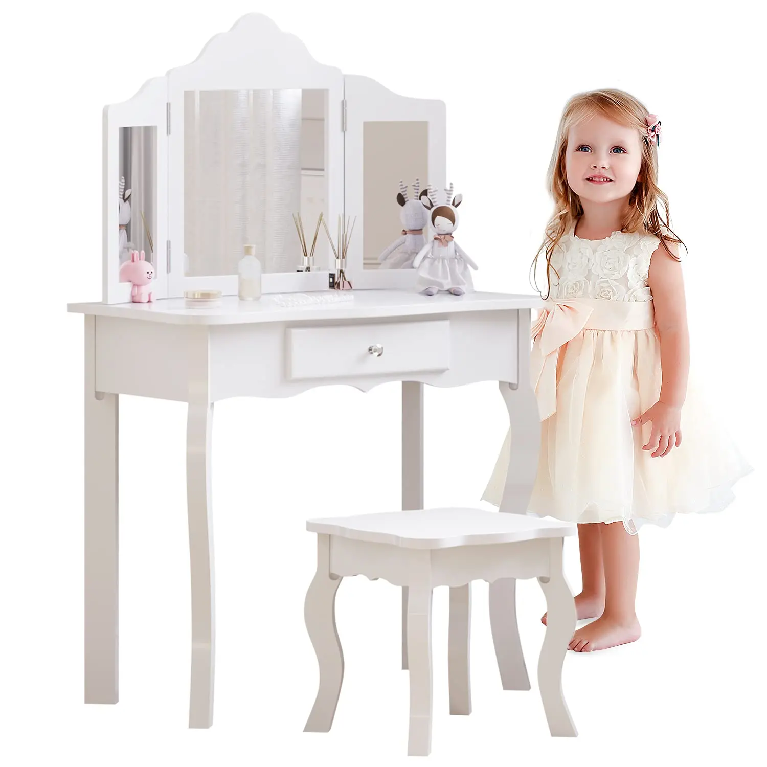 Girls Dressing Table with Mirror and Stool, Kids Wooden Vanity Table with Drawer and 3 Foldable Mirrors, Children's Makeup Desk for Age 3-12,Best Easter Gifts for Kids