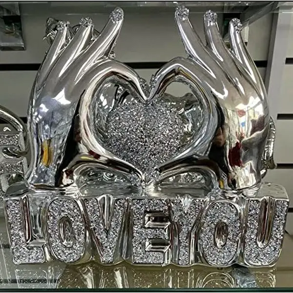 Biznest Silver Sparkle Ornament Bling Crushed Diamond I Love You Heart In Hands Decorative Letter Blocks Sight Words For Room Home Decoration Gift Present For All Occasion Home Decor Ceramic Smooth