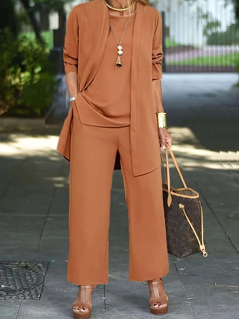 Product Introduction of Casual Three-piece Solid Set, Long Sleeve Cardigan & Top & Long Pants Outfits, Women's Clothing 1