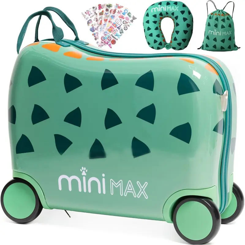 Aerolite MiniMax Childrens Ride-On Suitcase Fits 45x36x20cm Easyjet Maximum Size Kids Hand Luggage With Wheels 29L, Free Neck Pillow, Travel Bag & Stickers (Green) 5