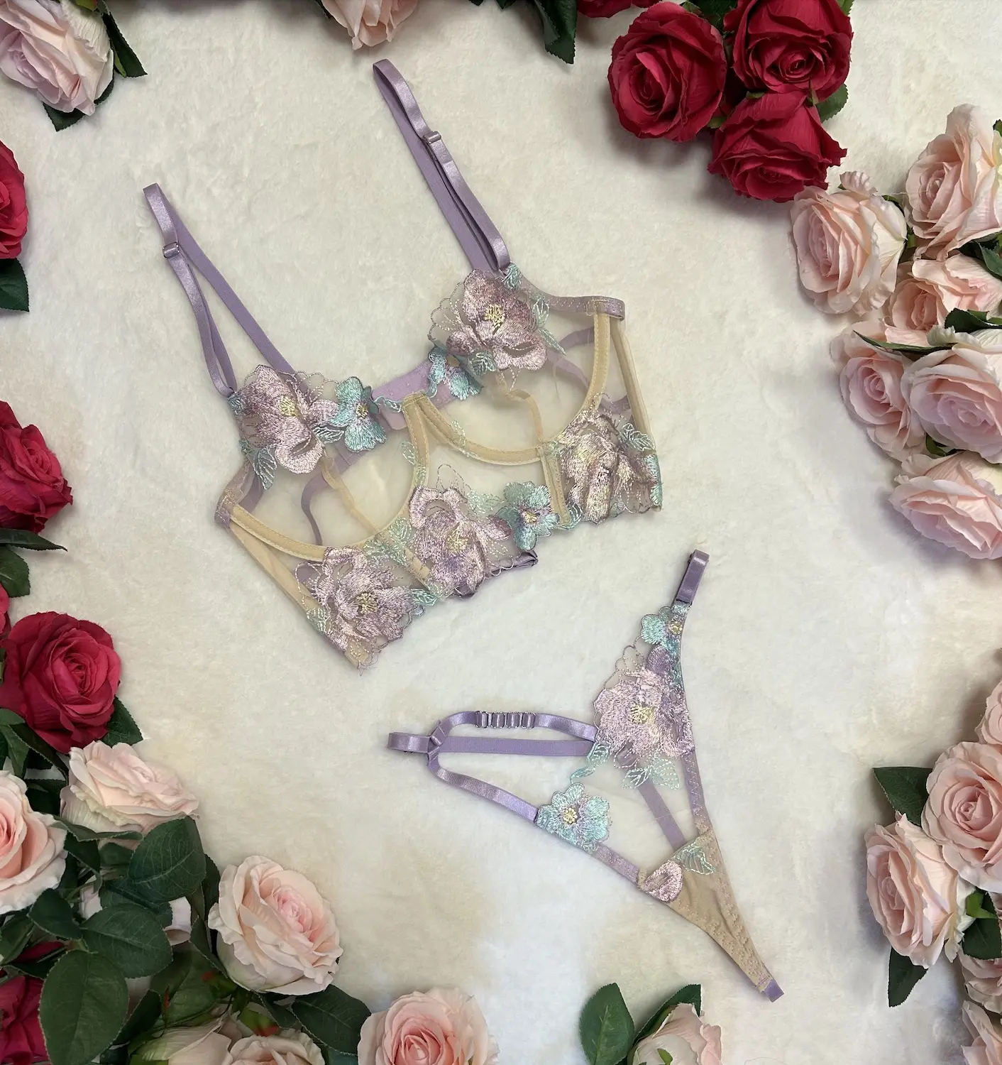 Liliosa Lingerie Classic Neutral Purple 2 Piece Lingerie Set (Corset + Pants) Women Comfortable Underwear Womenswear, Soft Everyday Elegant Floral Print Corset and Comfort Floral Embroidery Pants, Adjustable Spaghetti Straps , Bridal Matching Style