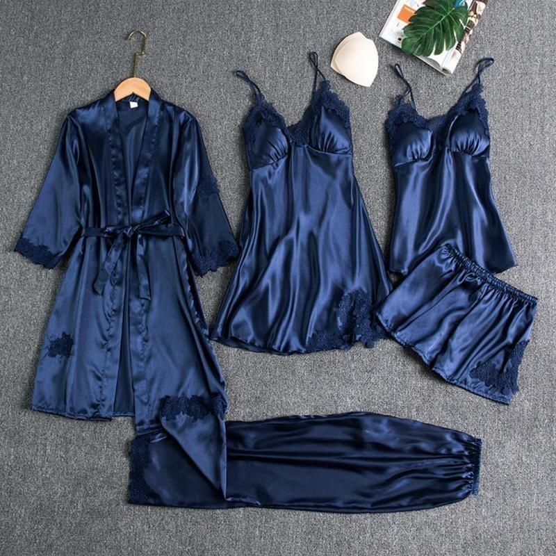 Product Introduction of 5PC Silk Robe Sleep Suit Womens Lace Satin Pajamas Gown Set V-Neck Cami Nighties Wear Pijama Home Nightwear Spring Nightdress 6