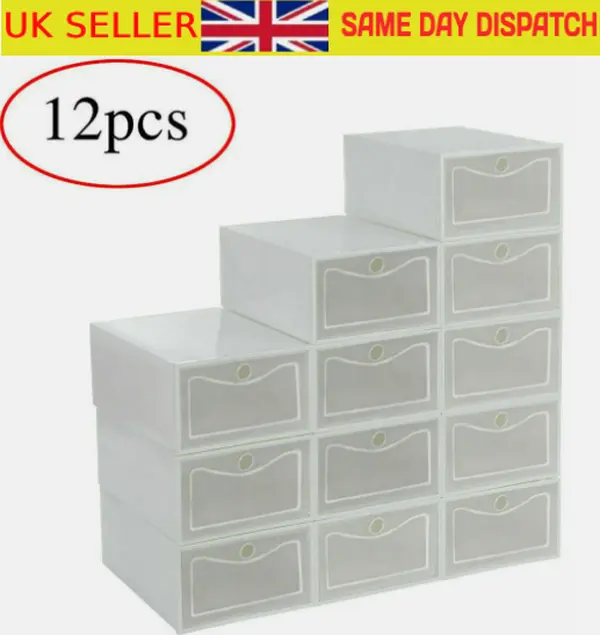 12x White Plastic Shoe Storage Boxes Drawer Stackable Foldable Durable Organiser