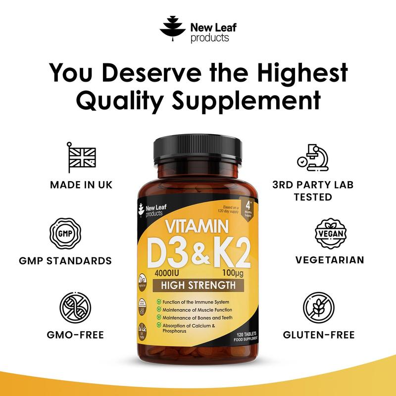 Vitamin D3 & K2 Tablets D3 4000iu + Vitamin K2 100mcg - 4 Months Supply Healthcare Supplement 3
