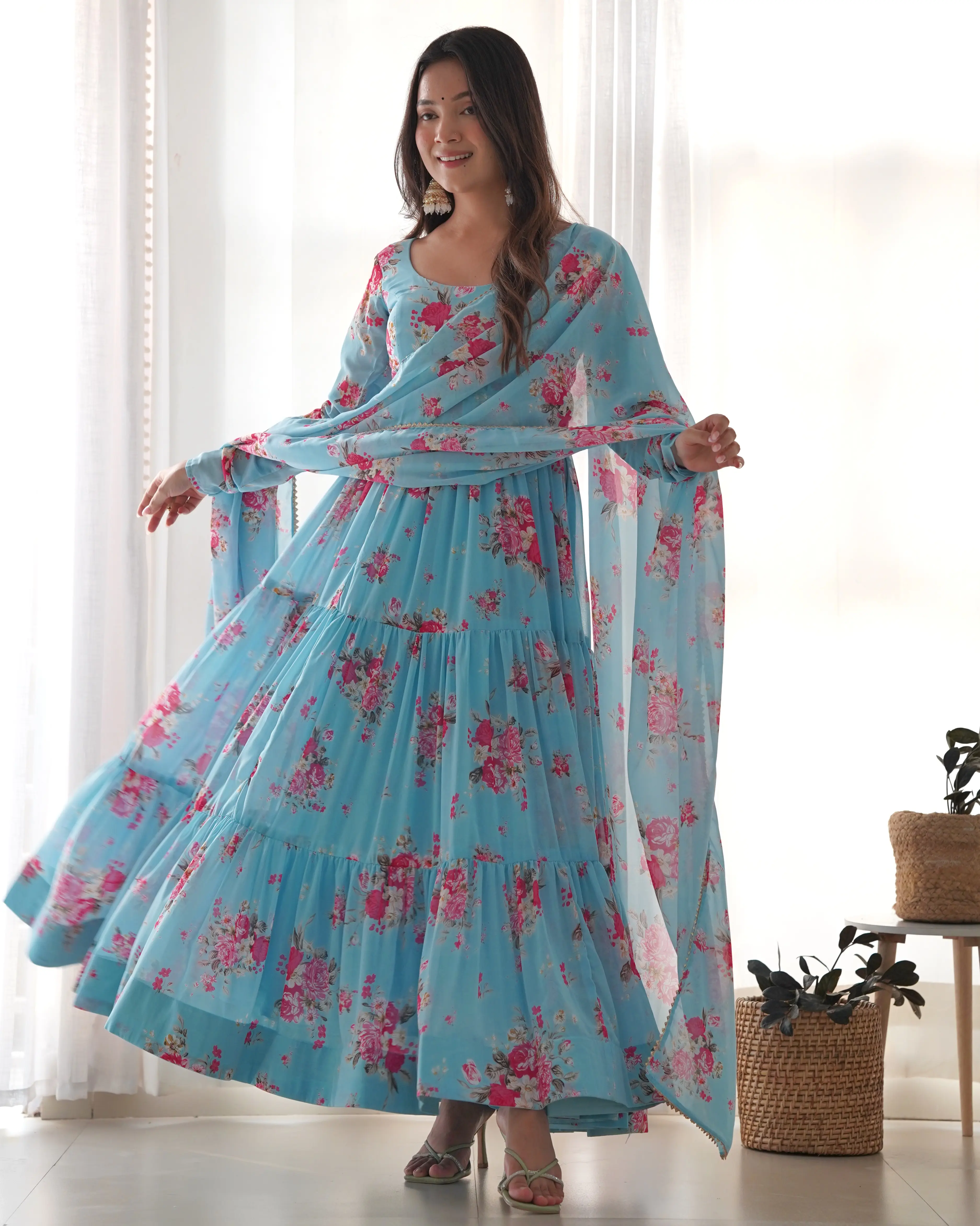 Women's Floral Printed Anarkali Dress with Yoke and Churidar Sleeves in Heavy Pure Soft Fox Georgette - Fabric